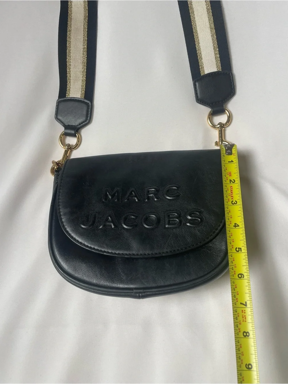 Marc Jacobs Black Leather Saddle Crossbody Bag Striped Guitar Strap
